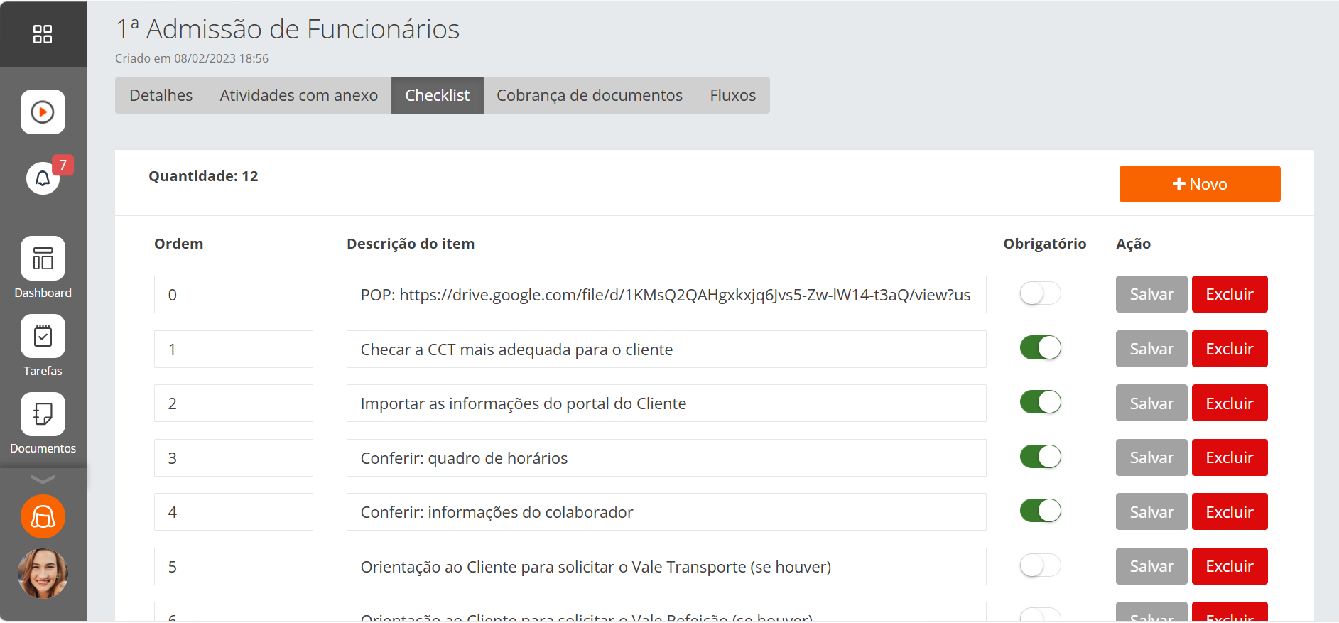 Checklist de admissão de funcionários em sistema de processos