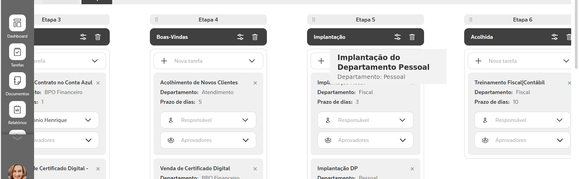 Exemplo real de fluxo de onboarding em sistema de processos